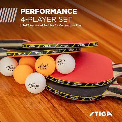 Performance 4 Player Ping Pong Paddle Set of 4 – Table Tennis Rackets, 6 – 3 Star Orange and White Balls