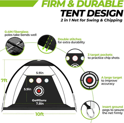 All-In-1 Golf Practice Net, 10X7Ft with XL Tri-Turf Mat, Impact Target, 10 Balls, 9 Tees, Carry Bag - for Backyard Driving Chipping Indoor