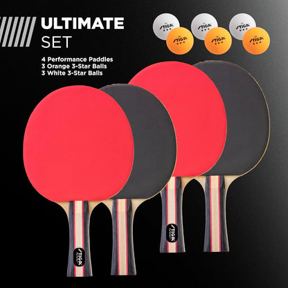 Performance 4 Player Ping Pong Paddle Set of 4 – Table Tennis Rackets, 6 – 3 Star Orange and White Balls