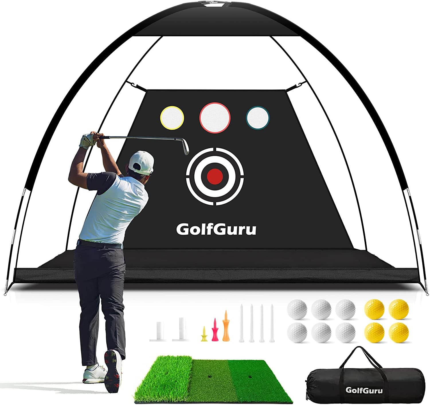 All-In-1 Golf Practice Net, 10X7Ft with XL Tri-Turf Mat, Impact Target, 10 Balls, 9 Tees, Carry Bag - for Backyard Driving Chipping Indoor