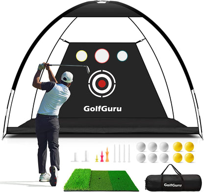All-In-1 Golf Practice Net, 10X7Ft with XL Tri-Turf Mat, Impact Target, 10 Balls, 9 Tees, Carry Bag - for Backyard Driving Chipping Indoor