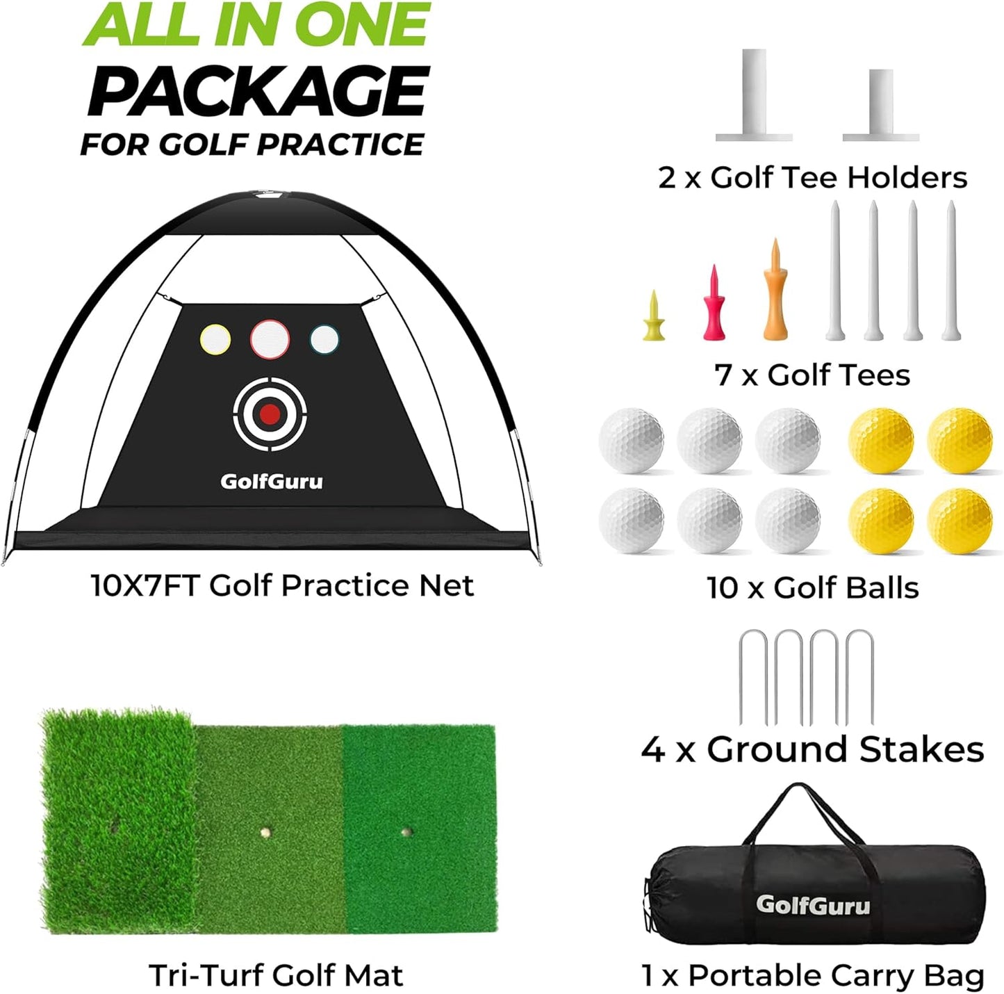 All-In-1 Golf Practice Net, 10X7Ft with XL Tri-Turf Mat, Impact Target, 10 Balls, 9 Tees, Carry Bag - for Backyard Driving Chipping Indoor
