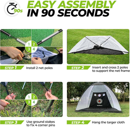 All-In-1 Golf Practice Net, 10X7Ft with XL Tri-Turf Mat, Impact Target, 10 Balls, 9 Tees, Carry Bag - for Backyard Driving Chipping Indoor